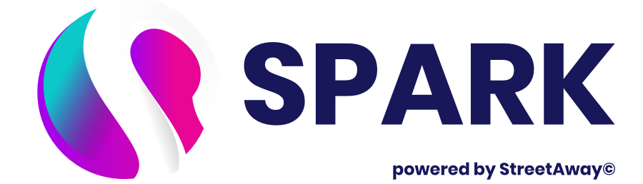 Image of the SPARK Logo. The SPARK symbol is to the left - it is a circle with the letter S in white then the colours blue, pink and purple on the background. Next to the symbol is the text "SPARK" in blue and the text "powered by StreetAway" underneath, also in blue.
