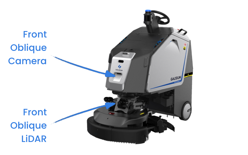 Image of a robot with an arrow pointing to the Front Oblique Cameras